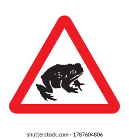 Migratory toad crossing ahead road sign. Red triangle warning traffic sign attention frog crossing the road. Migration and save frogs. Vector illustration.