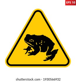 Señal de la carretera de advertencia de cruce de sapo migratorio. Ilustración vectorial del signo de advertencia del triángulo amarillo con el icono de rana dentro. Migración y salvación de ranas. Riesgo de accidente con anfibio. Símbolo de precaución.