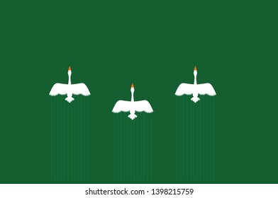 migratory white birds flying from top view on the green background