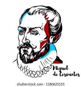 Miguel de Cervantes engraved vector portrait with ink contours. Spanish writer who is widely regarded as the greatest writer in the Spanish language and one of the world's pre-eminent novelists.
