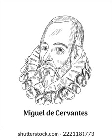 Miguel de Cervantes famous spanish writer isolated vector sketch portrait	