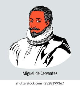 Miguel de Cervantes was a Spanish writer and poet. Hand-drawn vector illustration.