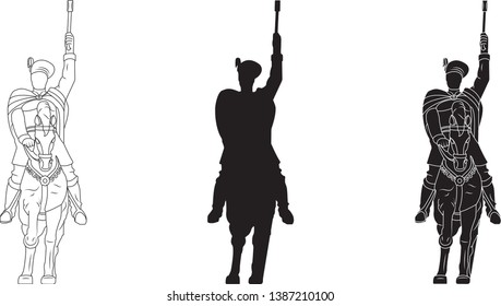 Mihai Viteazul ( Michael the Brave), shilouette and line drawing of a Romanian statue representing the Prince of Wallachia on a horse holding an axe