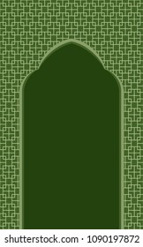 Mihrab vector design. Element of architecture and interior. Light green on green background. Design print for wallpaper, background, backdrop, festival, ramadan. Set 1