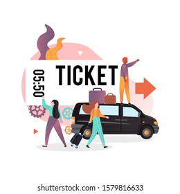 MIinibus, huge ticket, male and female characters passengers travelers with luggage, vector illustration. Public bus taxi transportation concept for web banner, website page etc.