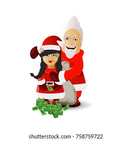 miiss santa claus and santa claus with a bag of money. illustration for your design. vector on white isolated background