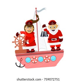 miiss santa claus and santa claus on a ship journey. illustration for your design. vector on white isolated background