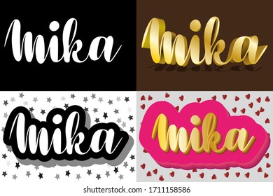 Mika Woman's name set pattern Hand sketched lettering vector illustration EPS 10.Template as banner, card, design, print, poster. Curves typography wallpaper. Modern calligraphy. Gold shadow effect