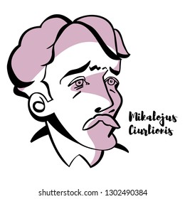 Mikalojus Ciurlionis engraved vector portrait with ink contours. Lithuanian painter, composer and writer.