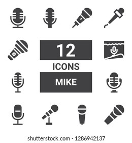 mike icon set. Collection of 12 filled mike icons included Microphone