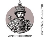 Mikhail Fyodorovich - the first Russian tsar from the Romanov dynasty. Hand drawn vector illustration