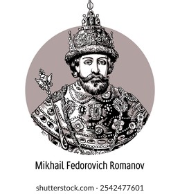 Mikhail Fyodorovich - the first Russian tsar from the Romanov dynasty. Hand drawn vector illustration