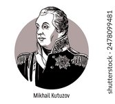 Mikhail Kutuzov was a Russian military leader, statesman and diplomat, General Field Marshal from the Golenishchev-Kutuzov family. Hand-drawn vector illustration