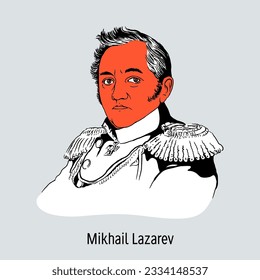 Mikhail Lazarev - Russian naval commander and navigator, admiral, one of the discoverers of Antarctica. Hand drawn vector illustration.