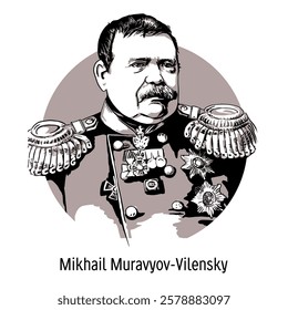 Mikhail Muravyov-Vilensky is a Russian statesman, public figure and military leader. Civil and military governor. Hand-drawn vector illustration