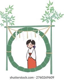 Miko Passing Through Chinowa Ring Vector | Japanese Shinto Summer Purification Ritual Scene