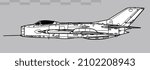 Mikoyan-Gurevich MiG-19 Farmer-A. Shenyang J-6. Vector drawing of early jet fighter aircraft. Side view. Image for illustration and infographics.
