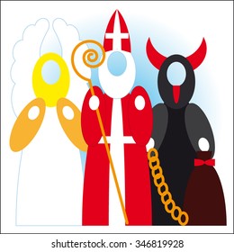 Mikulas, angel and devil - Saint Nicolas - Czech Christmas tradition - empty head vector design