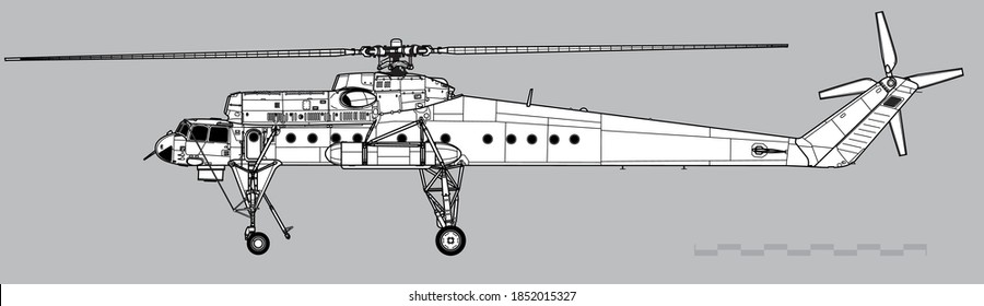 Mil Mi-10 Harke. Vector drawing of military heavy transport helicopter. Side view. Image for illustration and infographics.