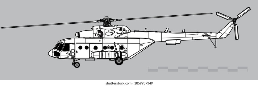 Mil Mi-171. Vector drawing of military transport helicopter. Side view. Image for illustration and infographics.