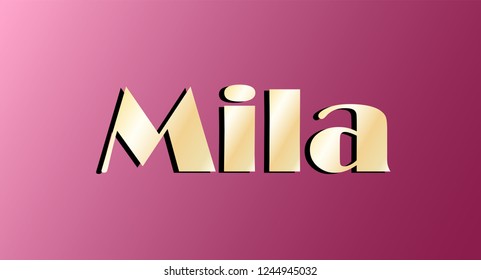 Mila. Gold shining name isolated on pink background. Happy birthday and Angel Day concept. Vector illustration