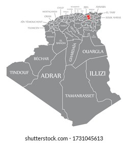 Mila red highlighted in map of Algeria