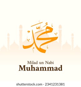 Milad un Nabi greeting card design with arabic calligraphy. Translation: Prophet Muhammad's Birthday. Mawlid celebration islamic background. Vector illustration