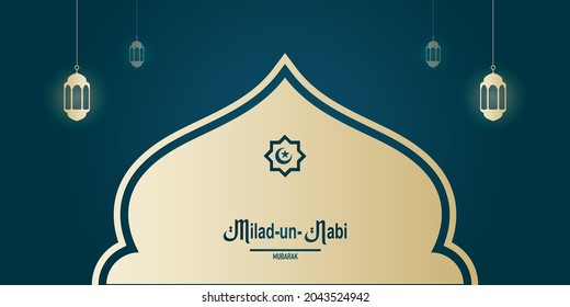 Milad un nabi, maulid nabi, muslim celebration with half moon, star and mosque. vector illustration.