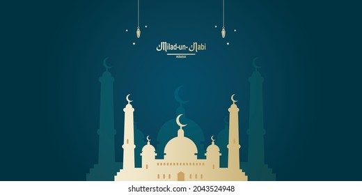 Milad un nabi, maulid nabi, muslim celebration with half moon, star and mosque. vector illustration.