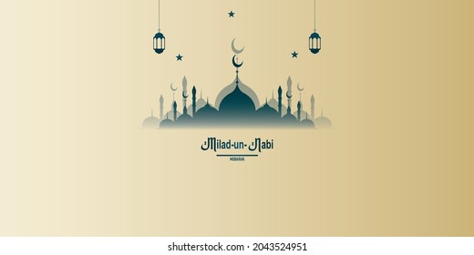 Milad un nabi, maulid nabi, muslim celebration with half moon, star and mosque. vector illustration.