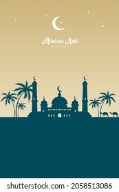 Milad un nabi, maulid nabi, muslim celebration with half moon, star and mosque. vector illustration.