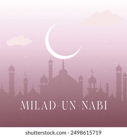 Milad un Nabi Mubarak! Celebrate the birth of the Prophet Muhammad with the serene glow of the moon and the silhouette of a mosque against a soft cranberry backdrop