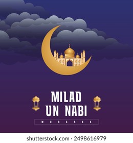 Milad un Nabi Mubarak! Celebrate under a night sky adorned with a golden crescent moon cradling a mosque, surrounded by gentle clouds, symbolizing peace and blessings