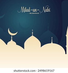 Milad un Nabi Mubarak! Celebrate with the silhouette of a majestic mosque set against a deep blue background, evoking the tranquility and spiritual depth of this sacred occasion.