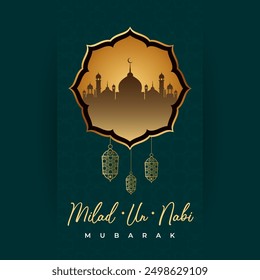 Milad un Nabi Mubarak! Celebrate with the serene image of a mosque illuminated by hanging lanterns against a dark green background, symbolizing the light and blessings of this holy occasion.