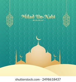 Milad un Nabi Mubarak! Embrace the serene beauty of a mosque standing tall on golden sand dunes, set against a soothing light emerald background, reflecting peace and reverence.