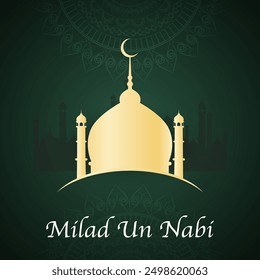 Milad un Nabi Mubarak! Honor the Prophet's birth with the serene image of a mosque against a rich dark green background, symbolizing peace, spirituality, and growth.