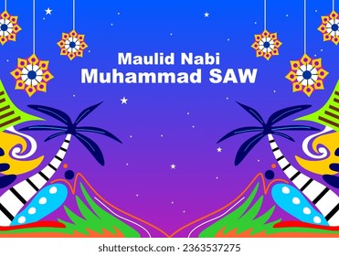 Milad un Nabi Mubarak means Happy Birthday of the Prophet Muhammad SAW. Vector colorful decorative illustration. Maulid Celebration Design Vector Illustration