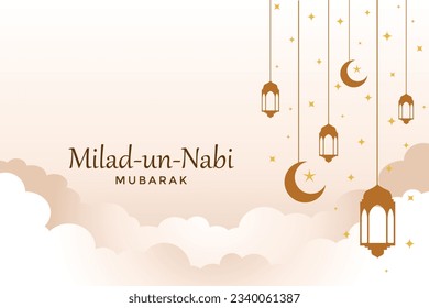 Milad un Nabi for Muslim.Eid Milad-un-Nabi text with moon,lantern and stars background - Birth of Holy Prophet Muhmmad.Islamic greeting card Vintage background.