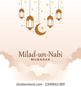 Milad un Nabi for Muslim.Eid Milad-un-Nabi text with moon,lantern and stars background - Birth of Holy Prophet Muhmmad.Islamic greeting card Vintage background.