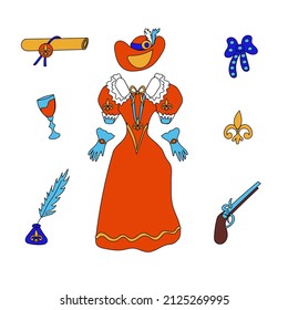 Milady's vector set of Three Dumas Musketeers. Women's red dress in the style of the 17th century, diamond pendants, letter with a seal, glass of wine, pistol, royal lily,  hand-drawn in doodle style