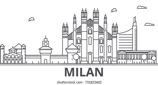 Milan architecture line skyline illustration. Linear vector cityscape with famous landmarks, city sights, design icons. Landscape wtih editable strokes