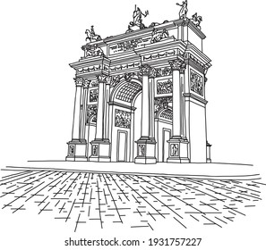 Milan - Arco della Pace. Parco Sempione. Hand drawn line art sketch style architecture drawing . Minimalist simple city monument illustration. Piazza Sempione.