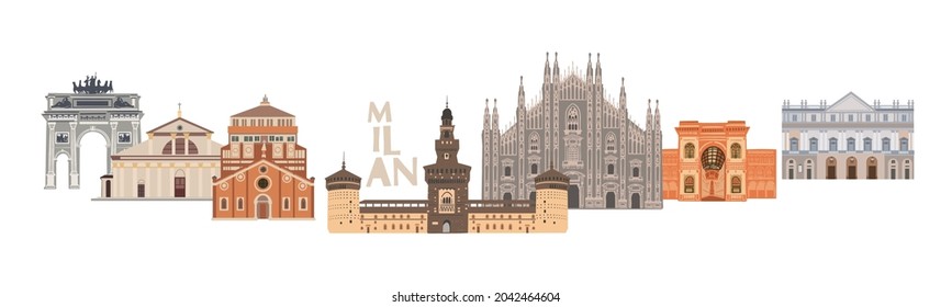 Banner de Milán de edificios de lugares mundialmente famosos. Italia. Dibujo de dibujos animados para el diseño. Símbolos tradicionales ilustraciones vectoriales a todo color.