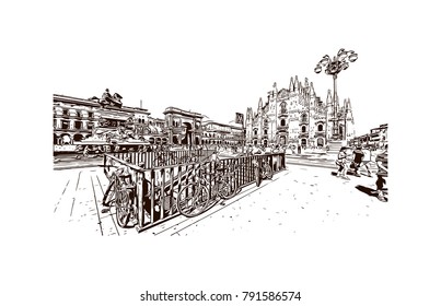 Milan Cathedral, Duomo di Milano, Italy, one of the largest churches. Hand drawn sketch illustration in vector.