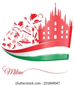 Milan Cathedral With Food Element On Italian Flag 