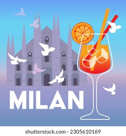 Milan Cathedral and a glass of spritz cocktail flat vector illustration