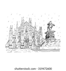 Milan Cathedral with statue, Italy. Vector hand drawn sketch.