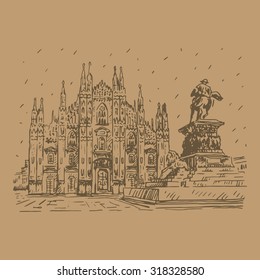 Milan Cathedral with statue of Vittorio Emanuele II, Italy. Vector hand drawn sketch.