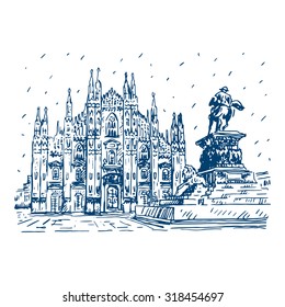 Milan Cathedral with statue of Vittorio Emanuele II, Italy. Vector hand drawn sketch.